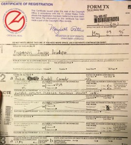 A portion of the copyright form returned to me by The Library of Congress in 1995